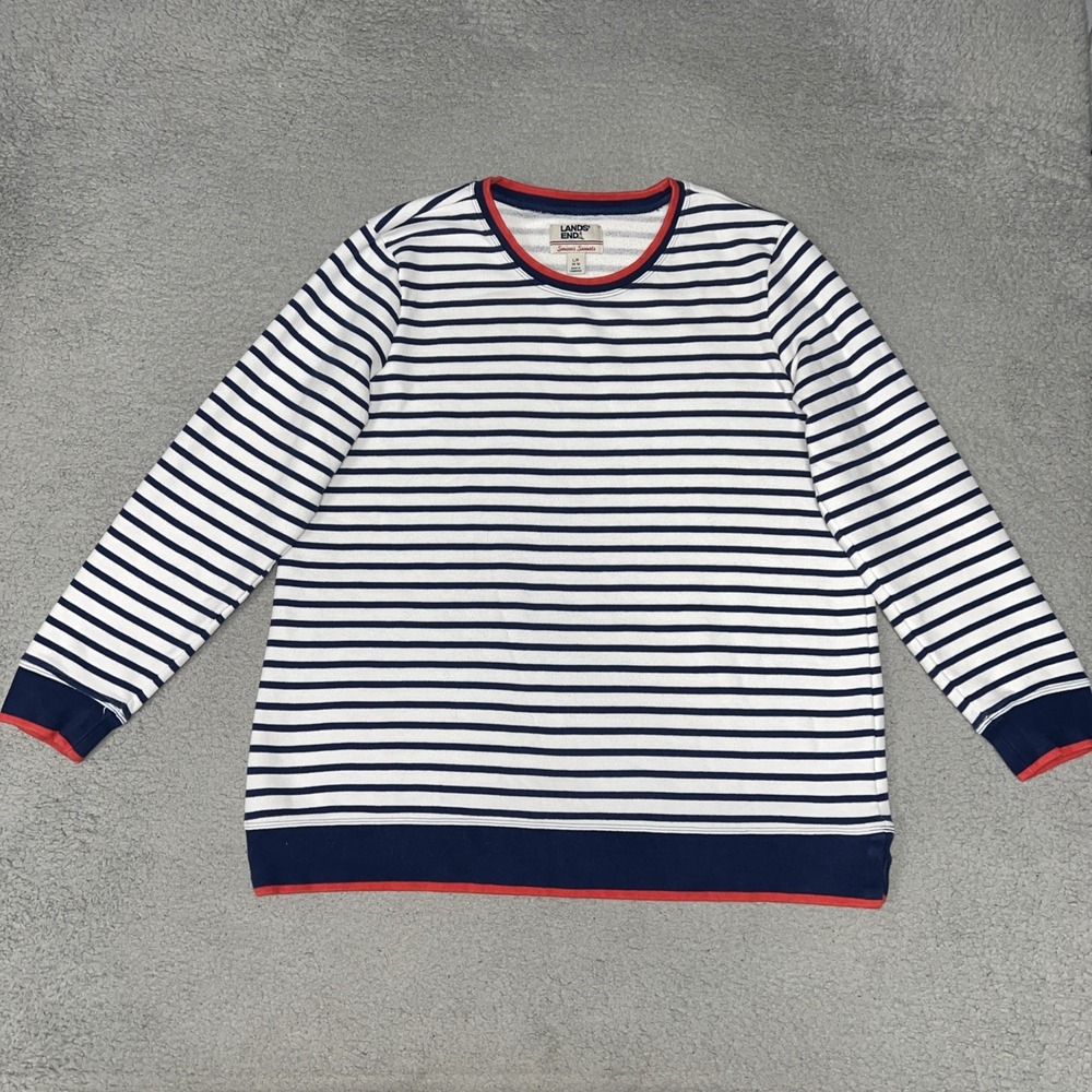 Lands' End Serious Sweats Sweater Women's‎ Size PL L Petite 14-16 White Striped